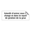 Interdit d'entrer sous la charge et dans le rayon de giration de la grue