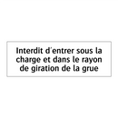Interdit d'entrer sous la charge et dans le rayon de giration de la grue