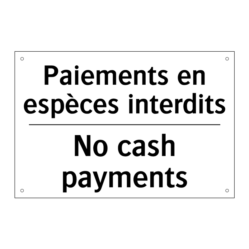 Paiements en espèces interdits - No cash payments