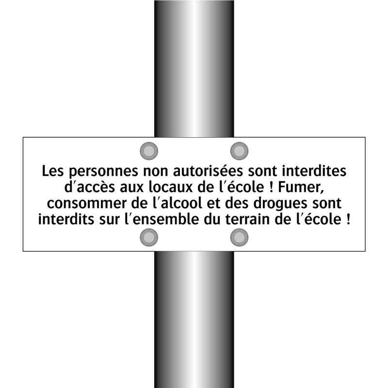 Les personnes non autorisées sont interdites d'accès aux locaux de l'école ! Fumer, consommer de l'alcool et des drogues sont interdits sur l'ensemble du terrain de l'école !