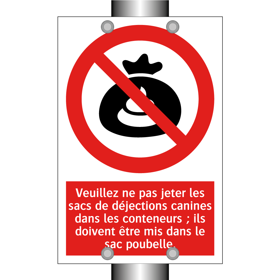 Veuillez ne pas jeter les sacs de déjections canines dans les conteneurs ; ils doivent être mis dans le sac poubelle.