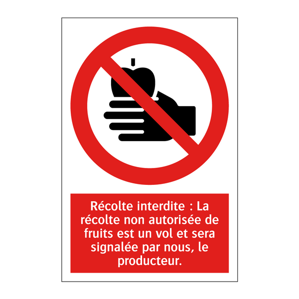 Récolte interdite : La récolte non autorisée de fruits est un vol et sera signalée par nous, le producteur.