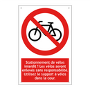 Stationnement de vélos interdit ! Les vélos seront enlevés sans responsabilité. Utilisez le support à vélos dans la cour.