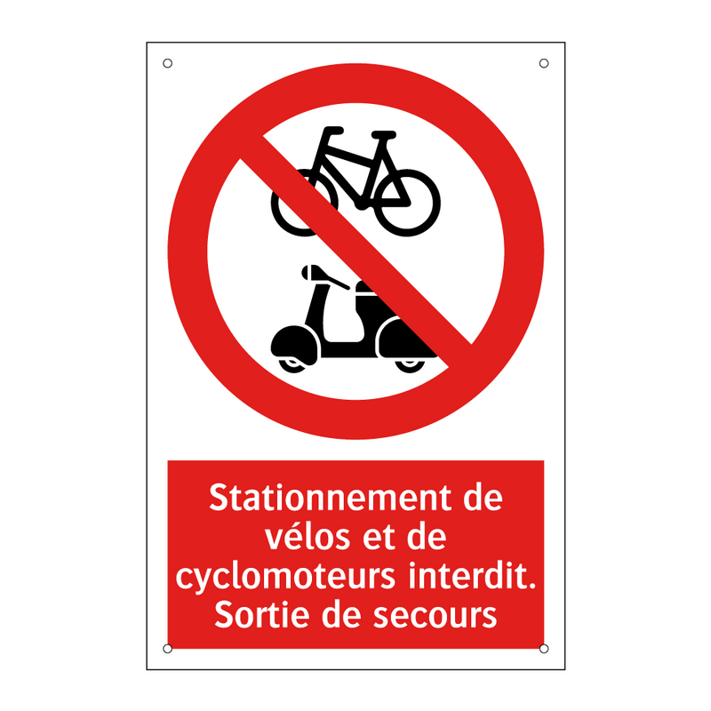 Stationnement de vélos et de cyclomoteurs interdit. Sortie de secours
