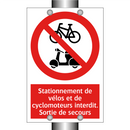 Stationnement de vélos et de cyclomoteurs interdit. Sortie de secours