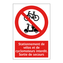 Stationnement de vélos et de cyclomoteurs interdit. Sortie de secours