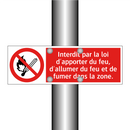 Interdit par la loi d'apporter du feu, d'allumer du feu et de fumer dans la zone.