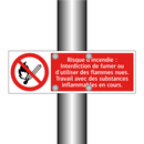 Risque d'incendie : Interdiction de fumer ou d'utiliser des flammes nues. Travail avec des substances inflammables en cours.