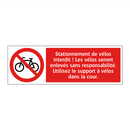 Stationnement de vélos interdit ! Les vélos seront enlevés sans responsabilité. Utilisez le support à vélos dans la cour.