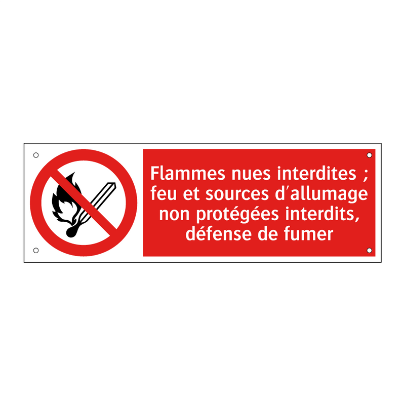 Flammes nues interdites ; feu et sources d'allumage non protégées interdits, défense de fumer