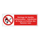 Stockage de liquides inflammables : Interdiction de fumer et d'utiliser des flammes nues