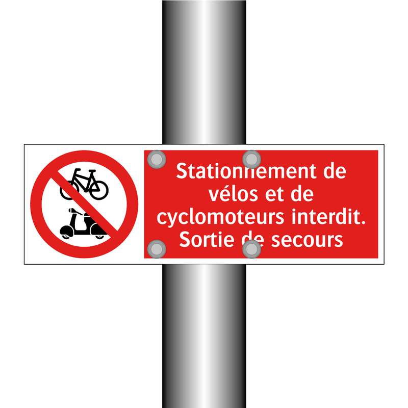 Stationnement de vélos et de cyclomoteurs interdit. Sortie de secours
