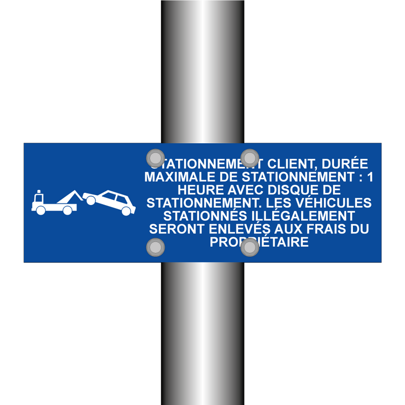 Stationnement client, durée maximale de stationnement : 1 heure avec disque de stationnement. Les véhicules stationnés illégalement seront enlevés aux frais du propriétaire.