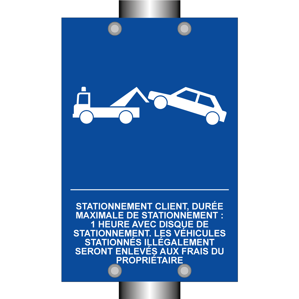 Stationnement client, durée maximale de stationnement : 1 heure avec disque de stationnement. Les véhicules stationnés illégalement seront enlevés aux frais du propriétaire.