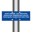 Arrêt interdit. Les véhicules stationnés illégalement seront remorqués moyennant des frais !