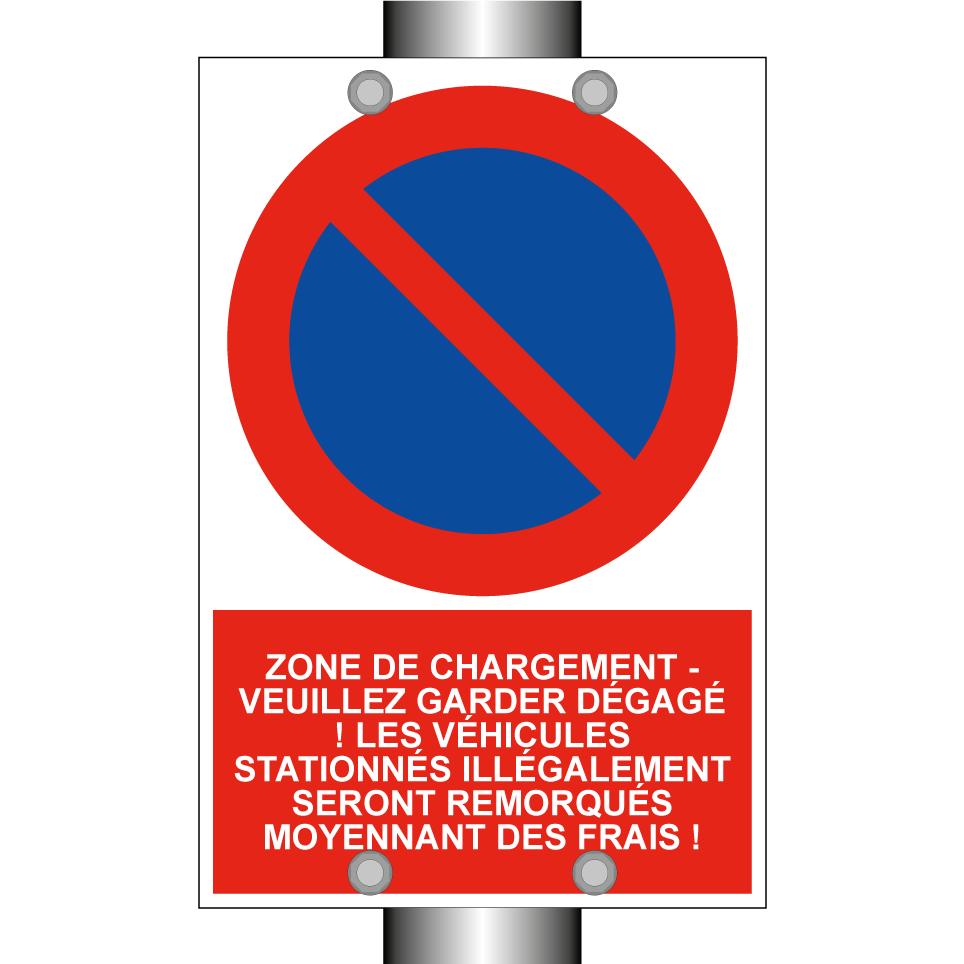 Zone de chargement - veuillez garder dégagé ! Les véhicules stationnés illégalement seront remorqués moyennant des frais !