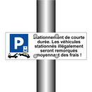 Stationnement de courte durée. Les véhicules stationnés illégalement seront remorqués moyennant des frais !