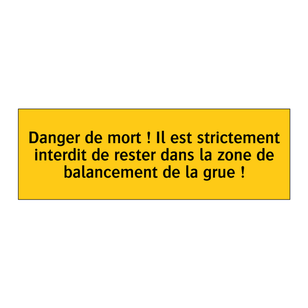 Danger de mort ! Il est strictement interdit de rester dans la zone de balancement de la grue !