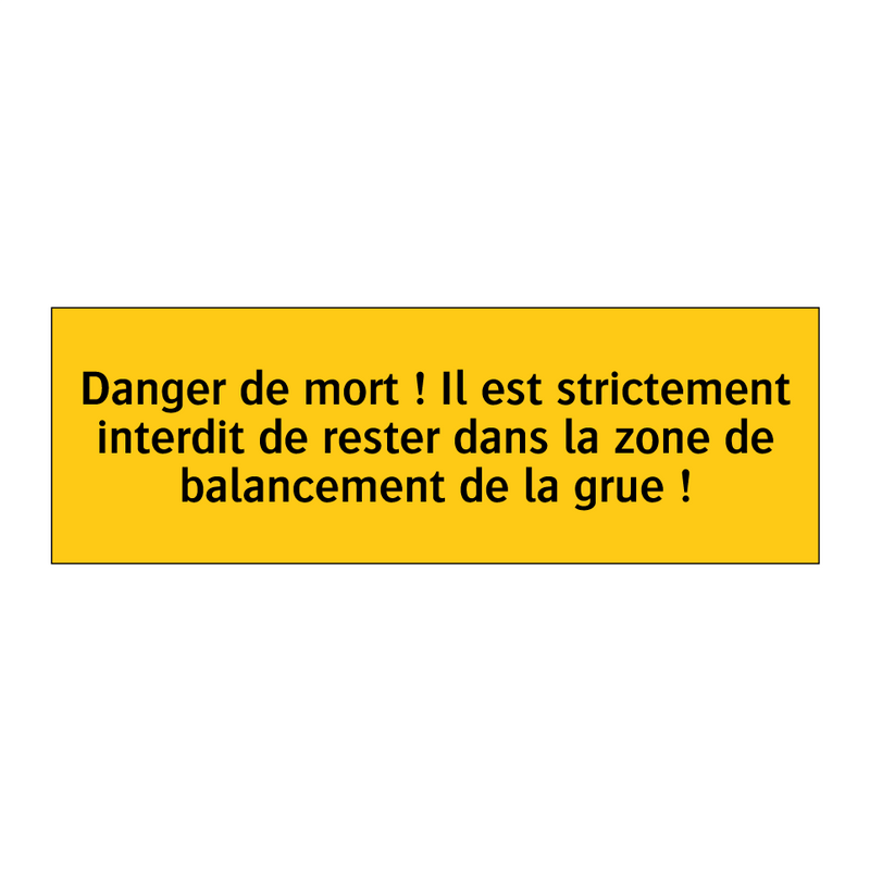 Danger de mort ! Il est strictement interdit de rester dans la zone de balancement de la grue !