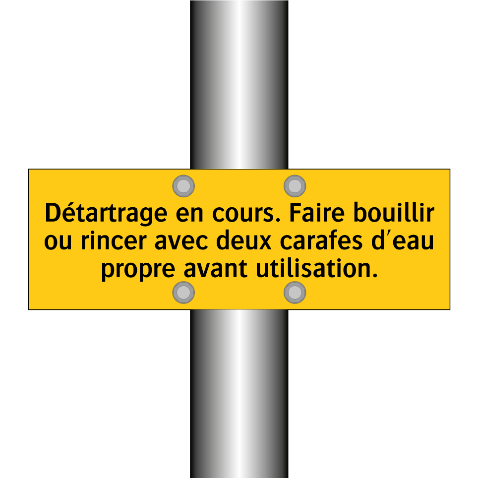 Détartrage en cours. Faire bouillir ou rincer avec deux carafes d'eau propre avant utilisation