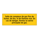 Salle de compteur de gaz Pas de fumer, de feu, ni de flamme nue. En cas de danger, fermez la vanne principale de gaz