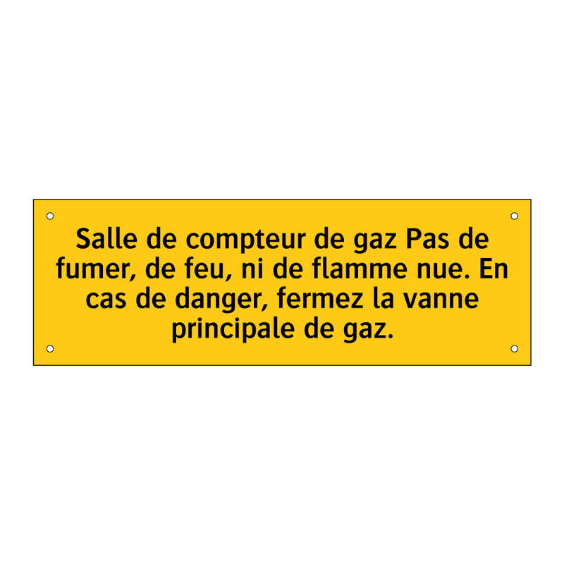 Salle de compteur de gaz Pas de fumer, de feu, ni de flamme nue. En cas de danger, fermez la vanne principale de gaz