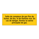 Salle de compteur de gaz Pas de fumer, de feu, ni de flamme nue. En cas de danger, fermez la vanne principale de gaz