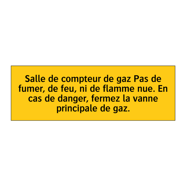 Salle de compteur de gaz Pas de fumer, de feu, ni de flamme nue. En cas de danger, fermez la vanne principale de gaz