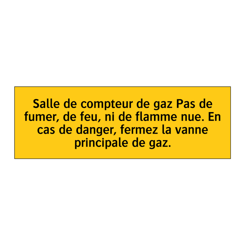 Salle de compteur de gaz Pas de fumer, de feu, ni de flamme nue. En cas de danger, fermez la vanne principale de gaz