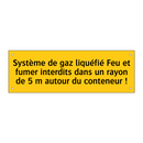 Système de gaz liquéfié Feu et fumer interdits dans un rayon de 5 m autour du conteneur !
