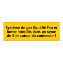 Système de gaz liquéfié Feu et fumer interdits dans un rayon de 5 m autour du conteneur !