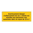 Avertissement Danger d'affaissement du sol. L'entrée est interdite aux personnes non autorisées dans un rayon de 10 m !