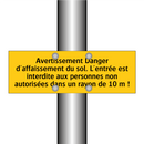 Avertissement Danger d'affaissement du sol. L'entrée est interdite aux personnes non autorisées dans un rayon de 10 m !