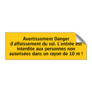Avertissement Danger d'affaissement du sol. L'entrée est interdite aux personnes non autorisées dans un rayon de 10 m !