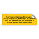 Avertissement Lorsque l'interrupteur principal est éteint, l'ensemble de l'armoire n'est pas hors tension. Les fils marron et orange peuvent être sous tension