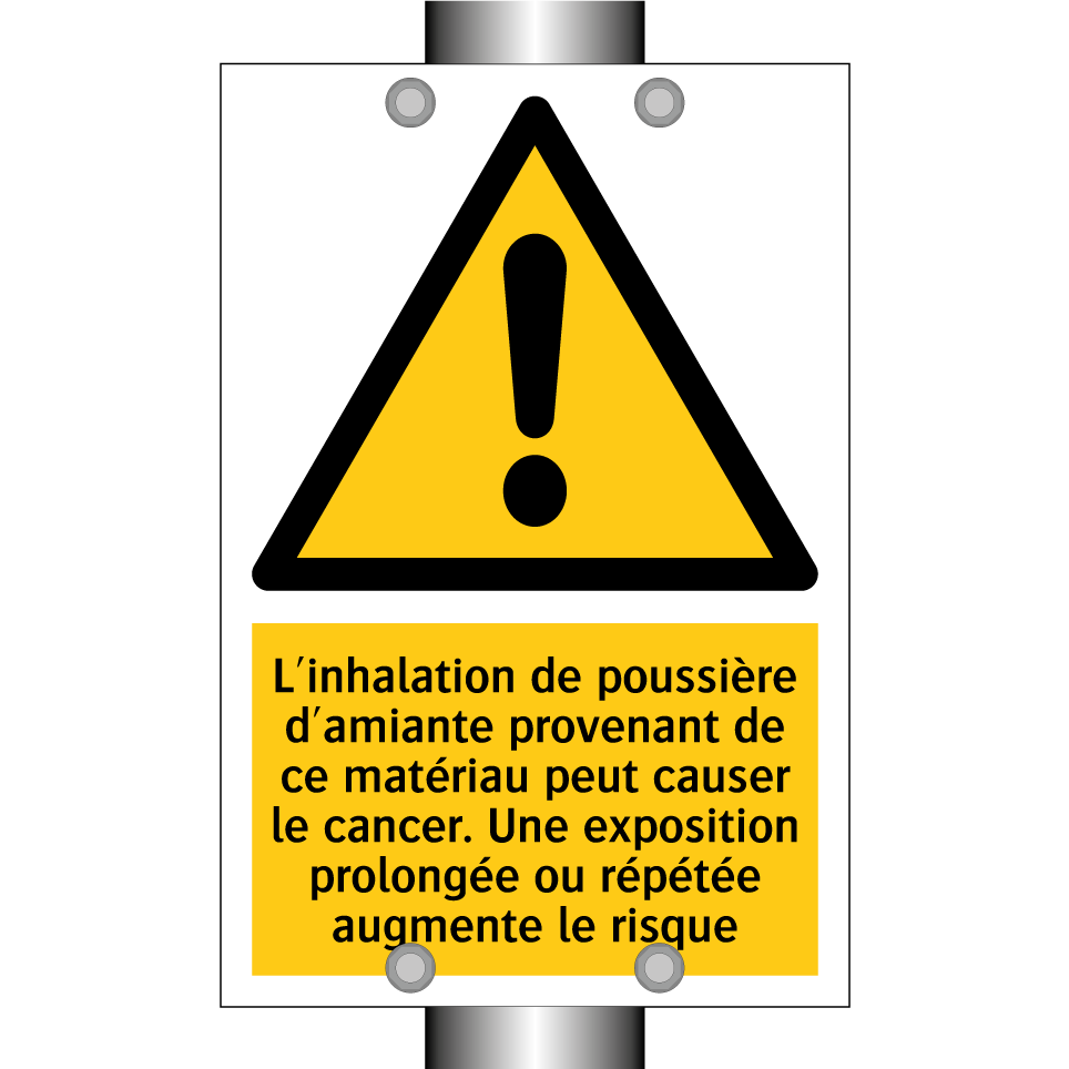 L'inhalation de poussière d'amiante provenant de ce matériau peut causer le cancer. Une exposition prolongée ou répétée augmente le risque