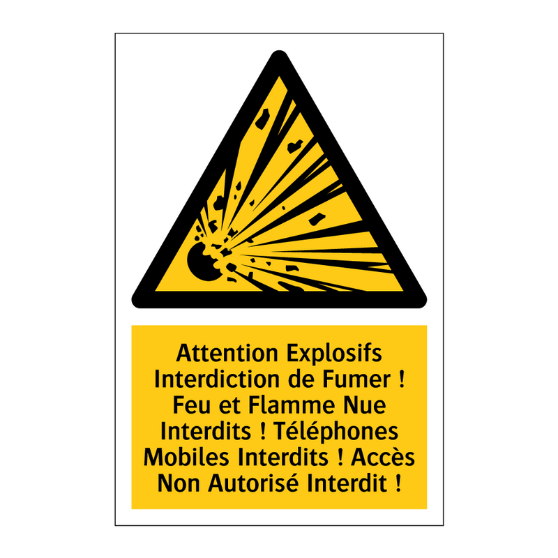 Attention Explosifs Interdiction de Fumer ! Feu et Flamme Nue Interdits ! Téléphones Mobiles Interdits ! Accès Non Autorisé Interdit !