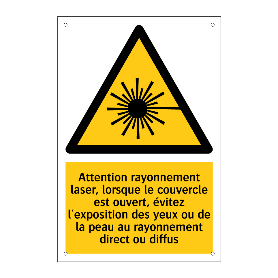 Attention rayonnement laser, lorsque le couvercle est ouvert, évitez l'exposition des yeux ou de la peau au rayonnement direct ou diffus