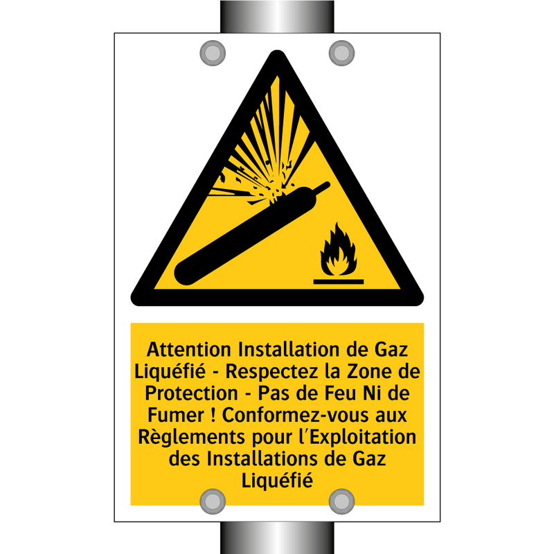 Attention Installation de Gaz Liquéfié - Respectez la Zone de Protection - Pas de Feu Ni de Fumer ! Conformez-vous aux Règlements pour l'Exploitation des Installations de Gaz Liquéfié