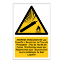 Attention Installation de Gaz Liquéfié - Respectez la Zone de Protection - Pas de Feu Ni de Fumer ! Conformez-vous aux Règlements pour l'Exploitation des Installations de Gaz Liquéfié