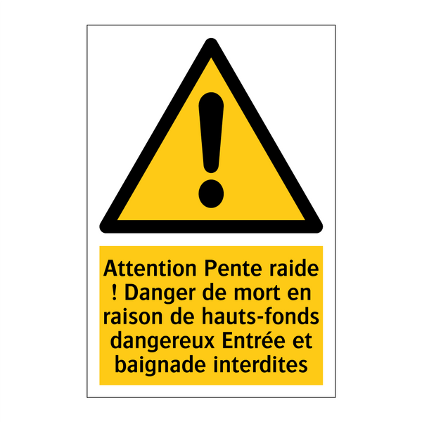Attention Pente raide ! Danger de mort en raison de hauts-fonds dangereux Entrée et baignade interdites