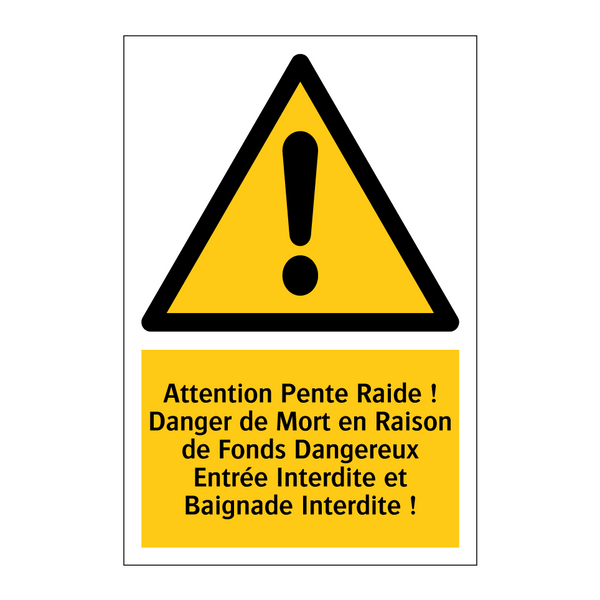 Attention Pente Raide ! Danger de Mort en Raison de Fonds Dangereux Entrée Interdite et Baignade Interdite !