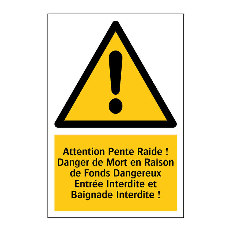 Attention Pente Raide ! Danger de Mort en Raison de Fonds Dangereux Entrée Interdite et Baignade Interdite !