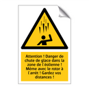 Attention ! Danger de chute de glace dans la zone de l'éolienne ! Même avec le rotor à l'arrêt ! Gardez vos distances !