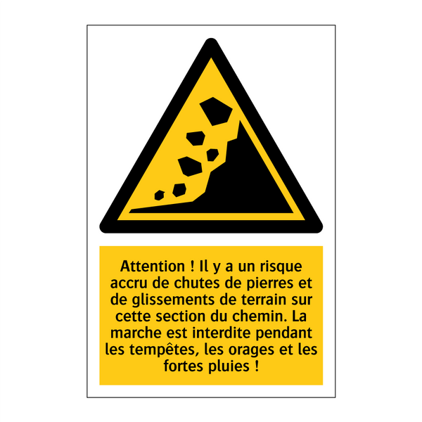 Attention ! Il y a un risque accru de chutes de pierres et de glissements de terrain sur cette section du chemin. La marche est interdite pendant les tempêtes, les orages et les fortes pluies !