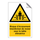 Risque d'écrasement Interdiction de rester sous la table élévatrice