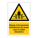 Risque d'écrasement Interdiction de rester sous la table élévatrice