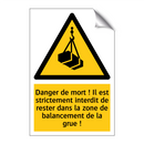 Danger de mort ! Il est strictement interdit de rester dans la zone de balancement de la grue !