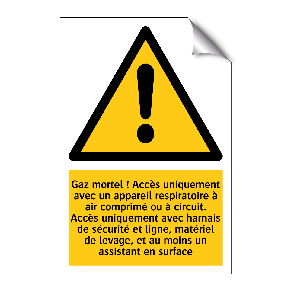 Gaz mortel ! Accès uniquement avec un appareil respiratoire à air comprimé ou à circuit. Accès uniquement avec harnais de sécurité et ligne, matériel de levage, et au moins un assistant en surface