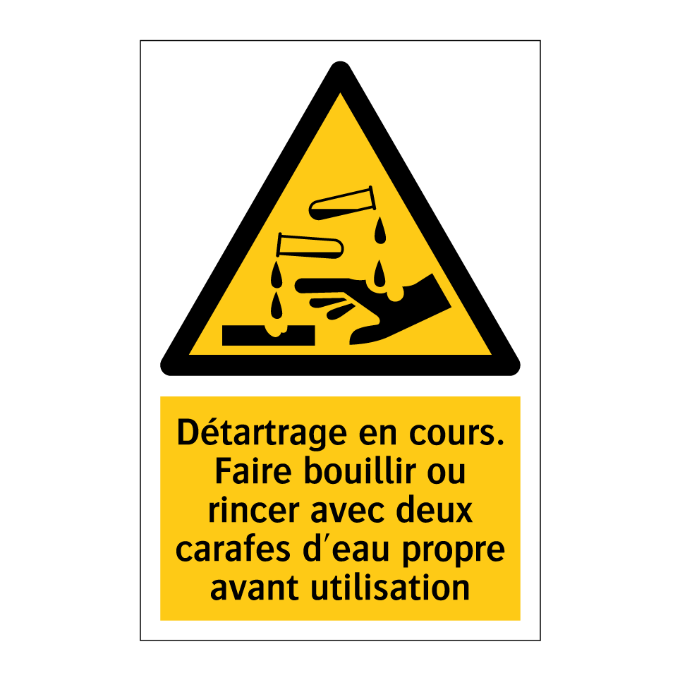 Détartrage en cours. Faire bouillir ou rincer avec deux carafes d'eau propre avant utilisation